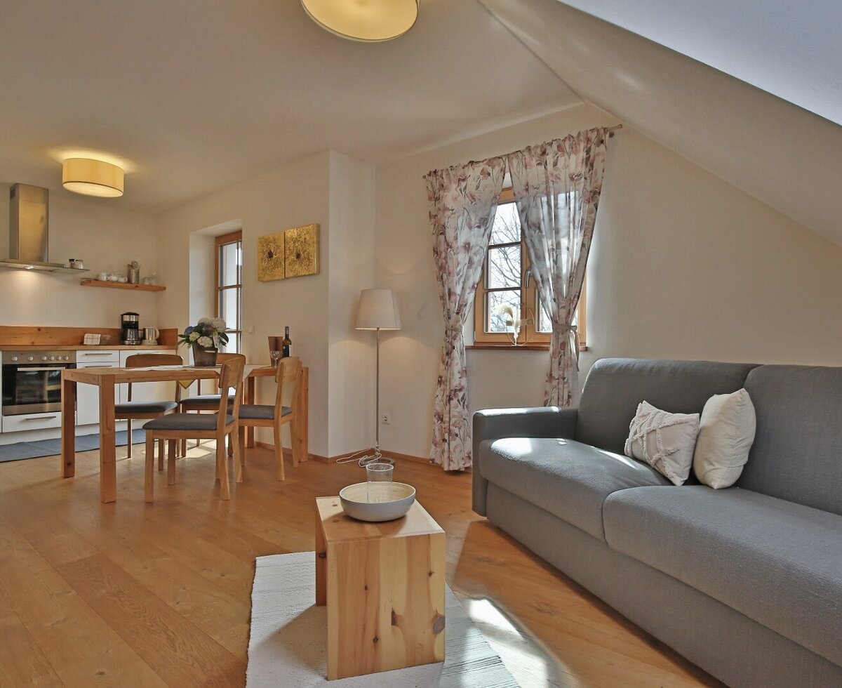 Der offene Wohnbereich des Appartements mit voll ausgestatteter Küche, Essbereich und Sofa.