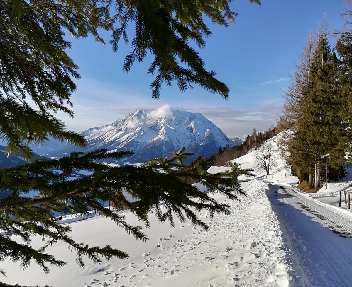 Verschneite Berglandschaft mit einem Weg und Blick auf die Gipfel rund um den Hof.